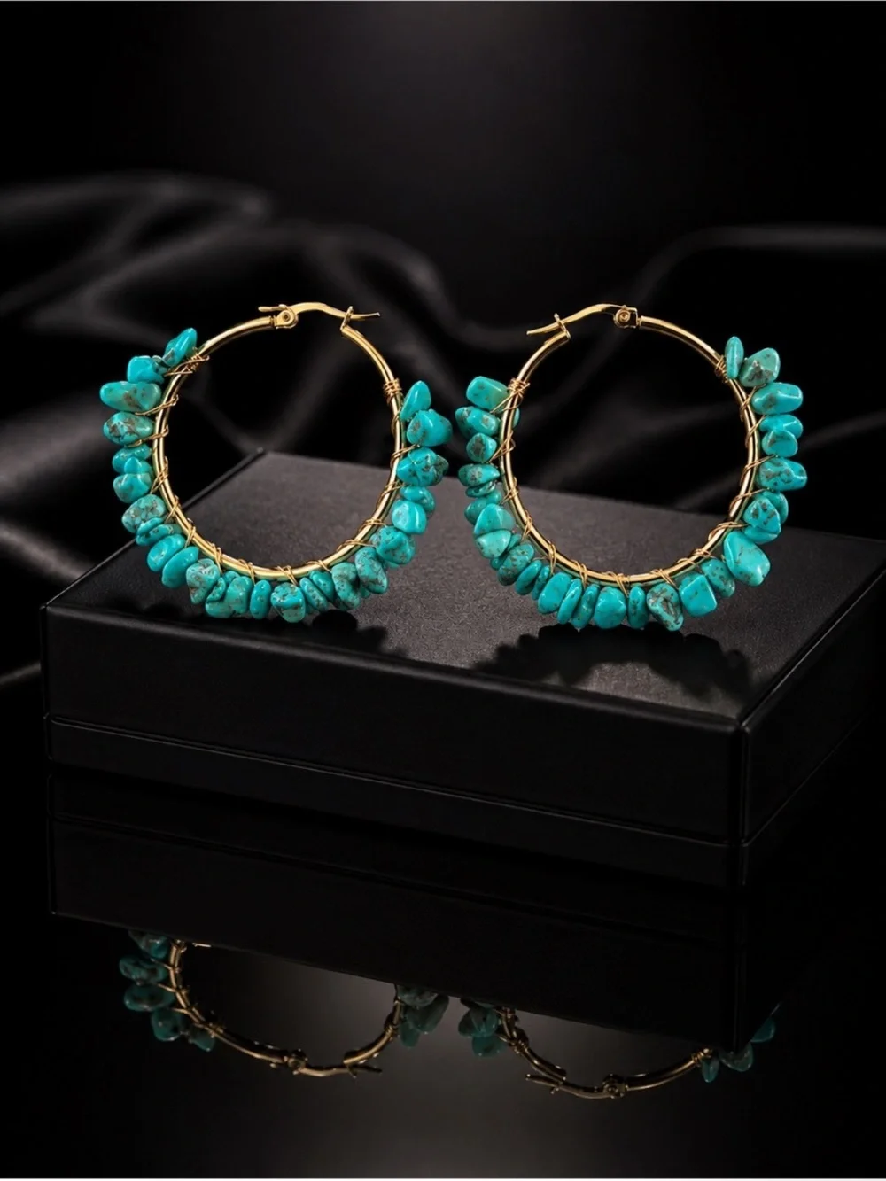 Artisan Gold Hoop Earrings with Turquoise